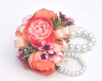 Coral corsage, wrist corsage, wedding corsage, prom corsage, bridal shower corsage, flower corsage, tropical wedding, destination wedding