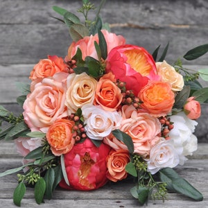 Boho Bouquet Blush Coral Bridal Silk Wedding Flowers Eucalyptus Peony Rose Ranunculus Wedding Bouquet Destination wedding Tropical Bouquet.