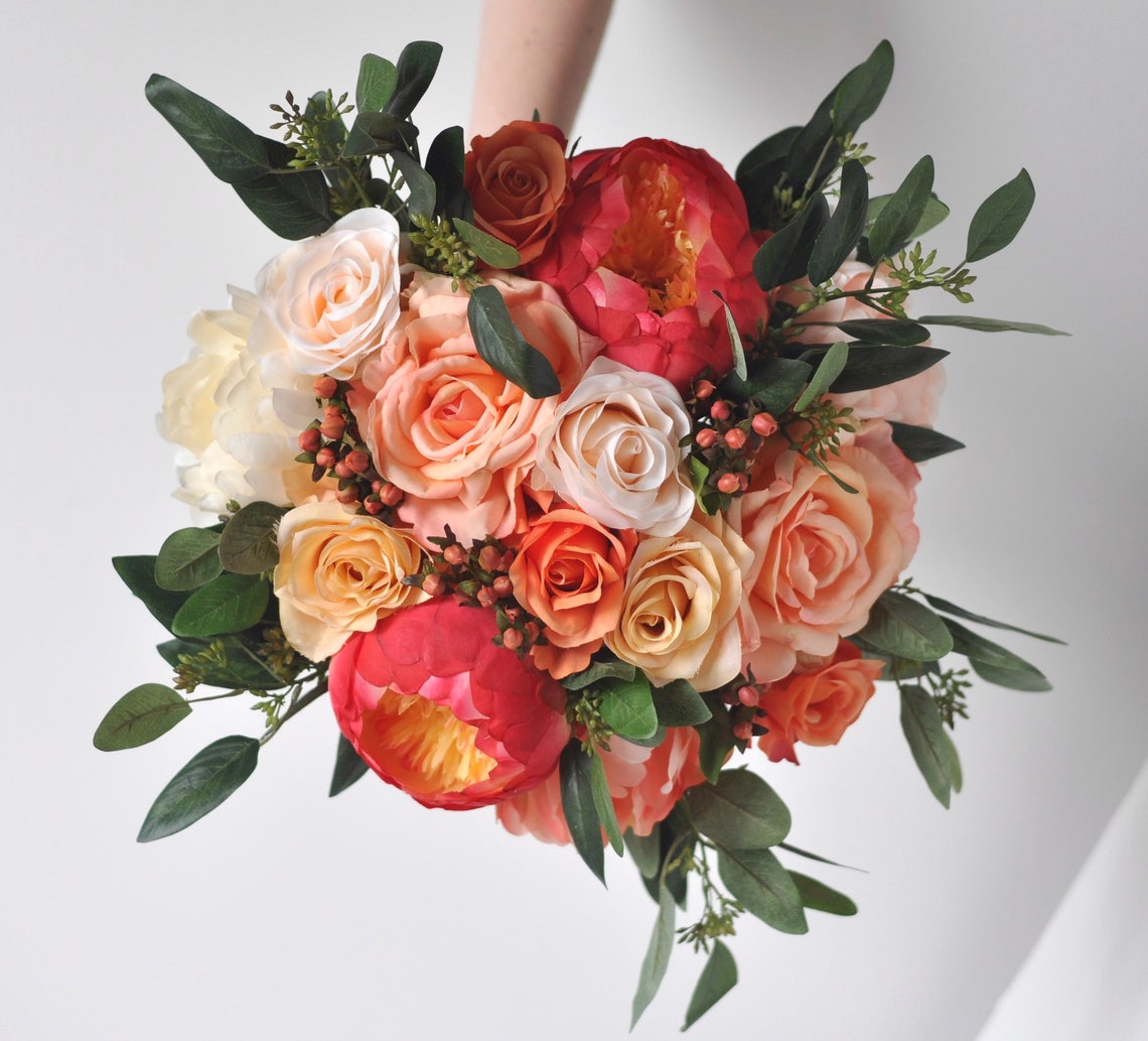 Coral Wedding Flowers Bridal Bouquet Silk Wedding Flowers | Etsy