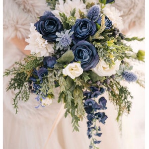 Blue wedding bouquet, wedding flowers, bridal flowers, peony bouquet, eucalyptus, outdoor wedding, destination wedding, silk flower bouquet image 4