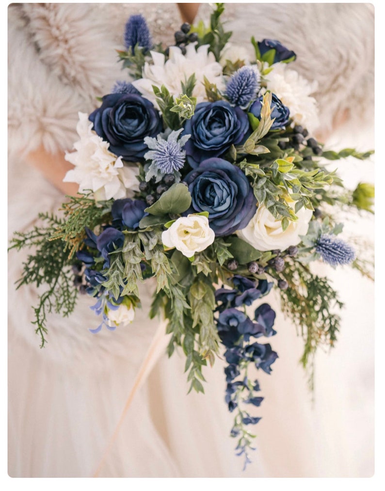 Blue wedding bouquet, wedding flowers, bridal flowers, peony bouquet, eucalyptus, outdoor wedding, destination wedding, silk flower bouquet image 4