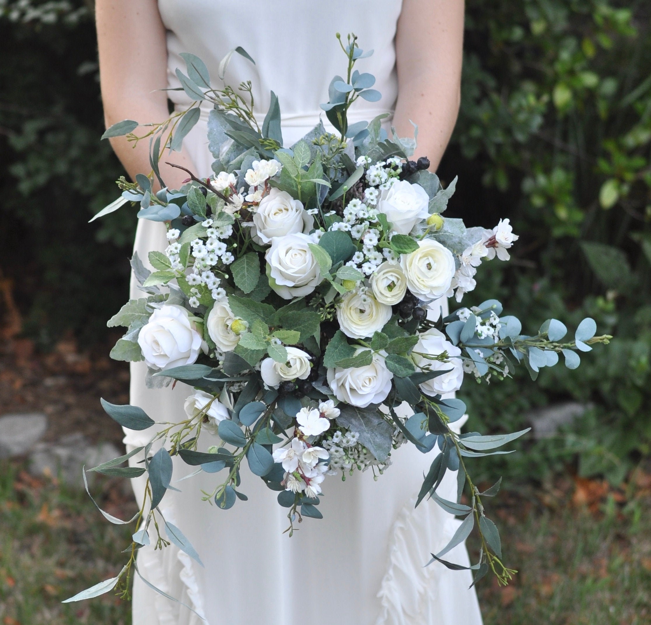 Eukalyptusstrauß, Brautstrauß, Seiden-Hochzeitsstrauß, Eukalyptus, Boho- Blumenstrauß, weiß, Elfenbein, Blumenstrauß, Boho-Braut, Hochzeit am Zielort
