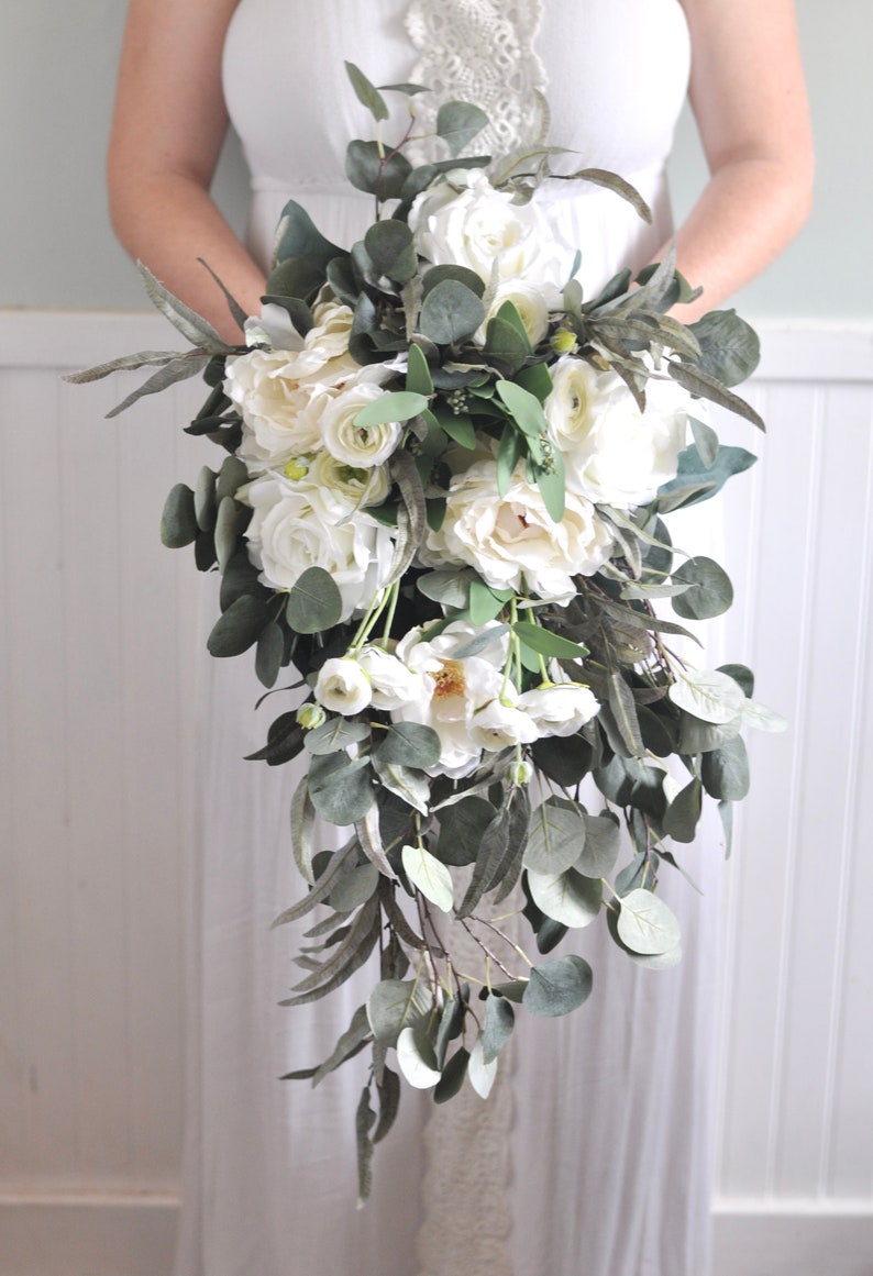 Wedding Flower Bouquet Bridal Bouquet Wedding Flowers Bridesmaid Bouquet,White Flowers Eucalyptus Cascade bridal bouquet White Bouquet