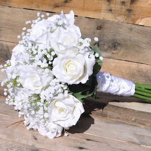 Wedding Flowers, Wedding Bouquet, Keepsake, Bridal Bouquet, Wedding Flowers, Ivory, White Roses with Babies Breath Bouquet.