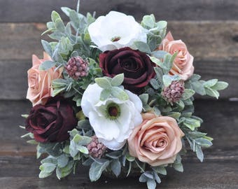 Wedding Bouquet, Silk Wedding Bouquet, Burgundy Rose, Rose Bouquet, Anemone, Faux Flowers, Bride Bouquet, Bridal Flowers