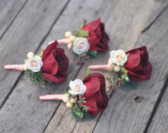 Boutonniere, Wedding Flowers, Silk Flowers, Wedding Boutonniere, Buttonhole, Silk Flower Boutonniere, Burgundy Boutonniere, Eucalyptus