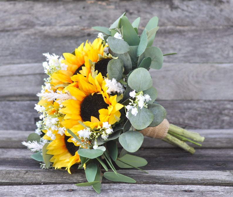 Sunflower Bouquet, Boho Bouquet, Bride Bouquet, Eucalyptus, Silk Wedding Flowers, Wedding Flowers, Wedding Bouquet, Sunflower,Bridal Bouquet image 2