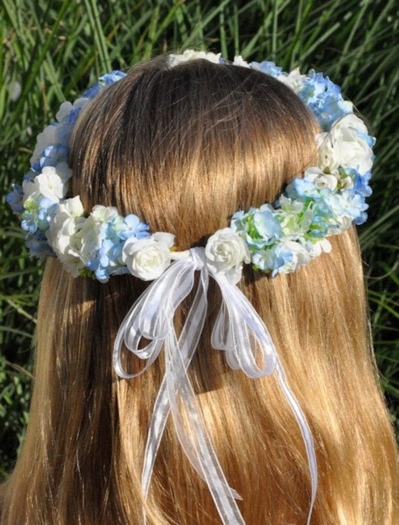 First communion headpiece, first communion flower crown, blue flower crown for girls, flower girl crown, holy communion headband, halo image 1