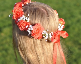 Coral rose flower crown, coral rose halo, first communion flower crown, coral flower crown for girls, flower girl crown, rose headband, halo