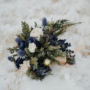 Blue wedding bouquet, wedding flowers, bridal flowers, peony bouquet, eucalyptus, outdoor wedding, destination wedding, silk flower bouquet image 6
