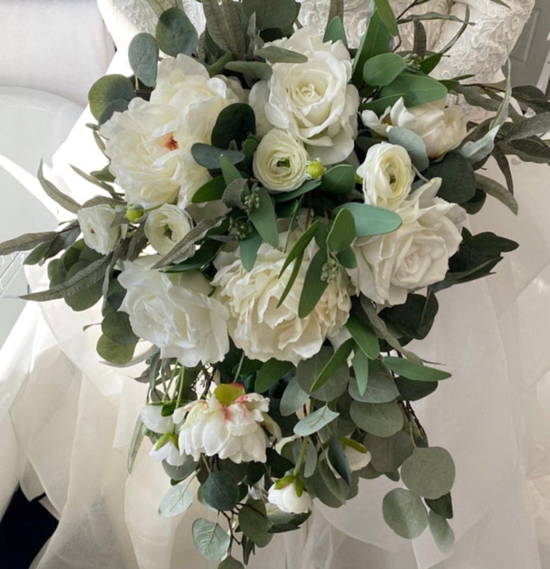 Wedding Flower Bouquet Bridal Bouquet Wedding Flowers Bridesmaid Bouquet,White Flowers Eucalyptus Cascade bridal bouquet White Bouquet