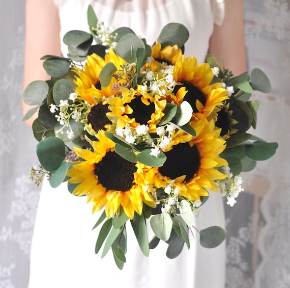 Sonnenblumenstrauß, Boho Strauß, Brautstrauß, Eukalyptus, Seidenhochzeitsblumen, Hochzeitsblumen, Hochzeitsstrauß, Sonnenblume, Brautstrauß