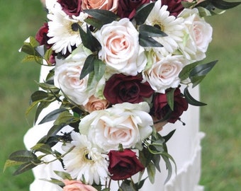 Cascade Bridal Bouquet, Dusty Rose, Rose Gold, Wine, Bride Bouquet, Bridal Flowers, Silk Flower Bouquet, Custom Wedding Package, Burgundy
