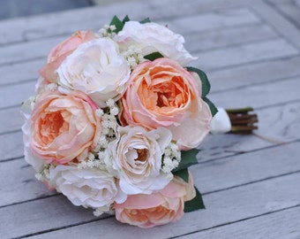 Wedding bouquet, bridal bouquet, silk wedding flowers, coral wedding flowers, blush silk bouquet, wedding bouquet set, destination wedding.