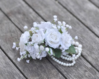 rozencorsage, bruiloftsbloemen, bruiloftscorsage, balcorsage, polscorsage, rozencorsage, zijden bruiloftsbloemen, strass-armband.
