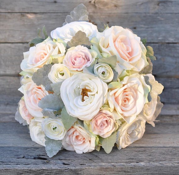 Wedding Bouquet, Blush Rose, Apricot Rose, Dusty Miller, Champagne Rose & Ranunculus, Flower Bouquet, Keepsake Bouquet.