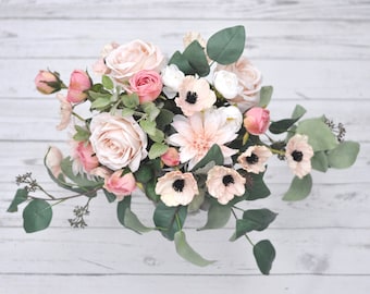 Boho Bouquet Blush Pink Bridal Silk and Real Touch Wedding Flowers Eucalyptus Peony Rose Poppy Dahlia Anemone Wedding Bouquet