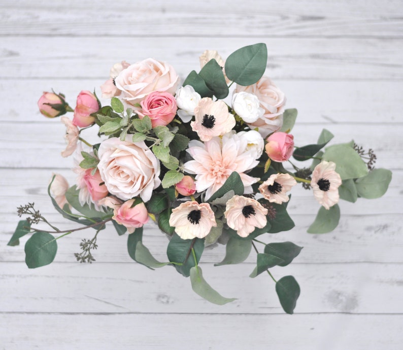 Boho Bouquet Blush Pink Bridal Silk and Real Touch Wedding Flowers Eucalyptus Peony Rose Poppy Dahlia Anemone Wedding Bouquet