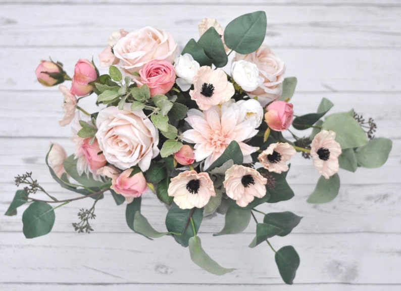 Boho Bouquet Blush Pink Bridal Silk and Real Touch Wedding Flowers Eucalyptus Peony Rose Poppy Dahlia Anemone Wedding Bouquet