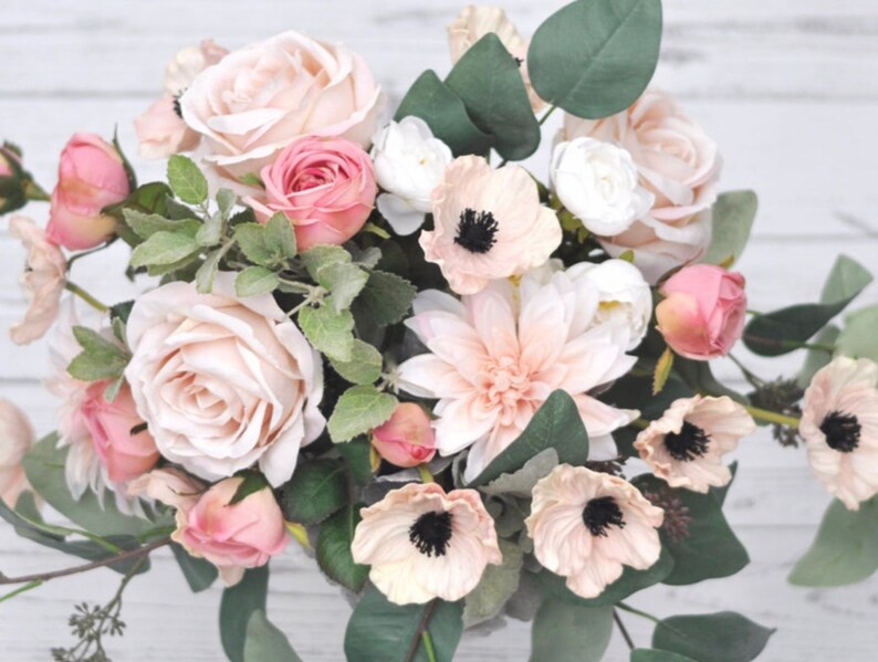 Boho Bouquet Blush Pink Bridal Silk and Real Touch Wedding Flowers Eucalyptus Peony Rose Poppy Dahlia Anemone Wedding Bouquet