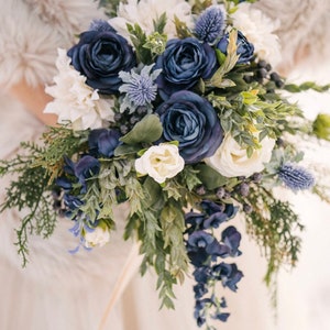 Blue wedding bouquet, wedding flowers, bridal flowers, eucalyptus, dahlia, ranunculus, destination wedding, silk flower wedding bouquet.