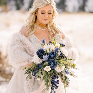 Blue wedding bouquet, wedding flowers, bridal flowers, peony bouquet, eucalyptus, outdoor wedding, destination wedding, silk flower bouquet image 2