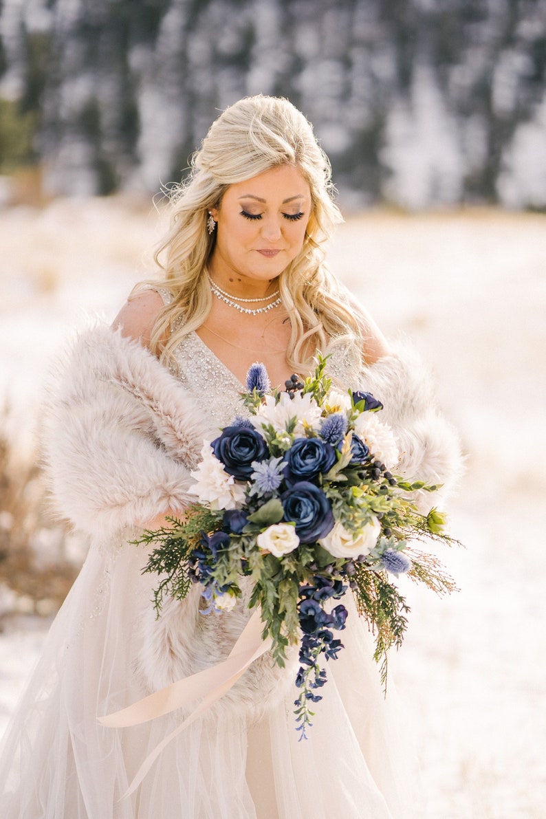 Blue wedding bouquet, wedding flowers, bridal flowers, peony bouquet, eucalyptus, outdoor wedding, destination wedding, silk flower bouquet image 2