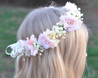 bridal headpiece, bridal headband, rose crown, pink flower headband, floral crown, bridal hair piece, blush headband, flower girl wreath