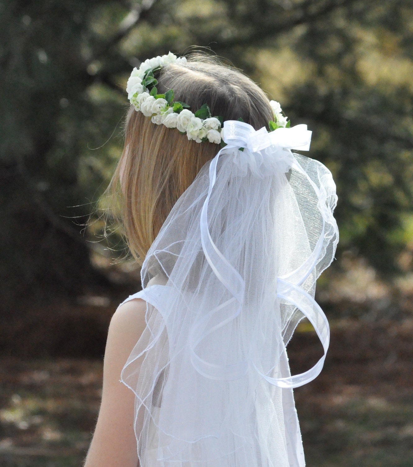 White Flower Pearl Crown Veil First Communion Flower Girl