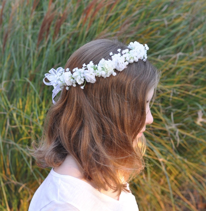 First communion headpiece, first communion flower crown, white flower crown for girls, flower girl crown, holy communion headband, halo image 1