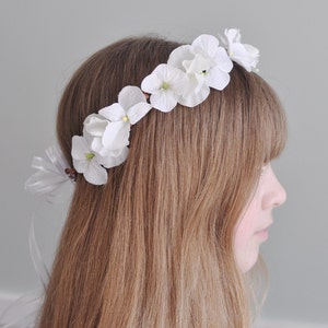 First communion headpiece, first communion flower crown, white flower crown for girls, flower girl crown, hydrangea, communion headband,halo image 1