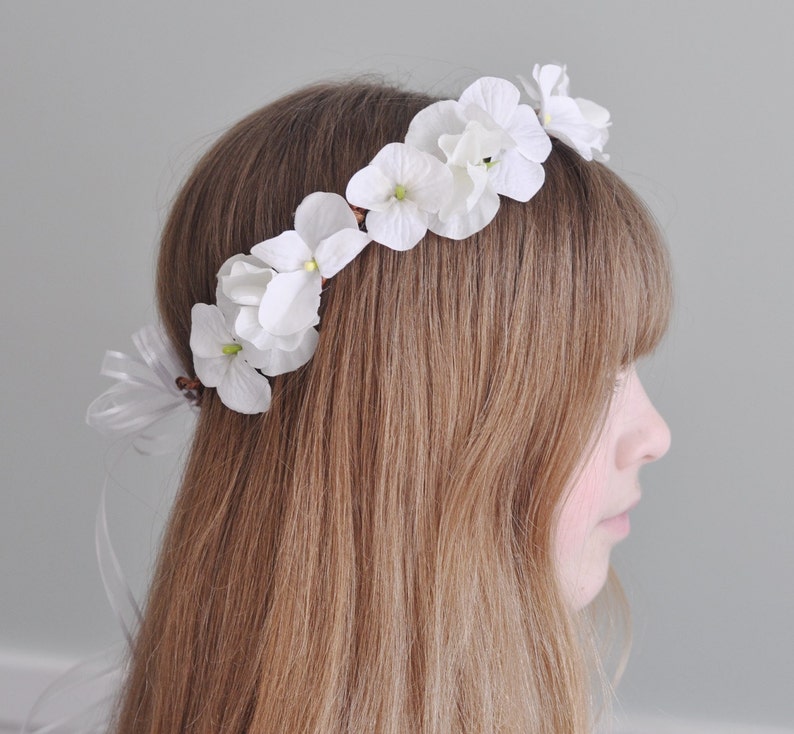 First communion headpiece, first communion flower crown, white flower crown for girls, flower girl crown, hydrangea, communion headband,halo image 1