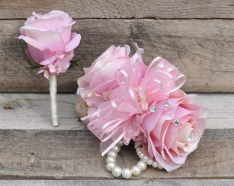 Wedding Flowers, Wedding Corsage, Prom Corsage, Wrist Corsage,Pink Rose Corsage,Silk Wedding Flowers, Silk Corsage on a faux pearl wristlet.