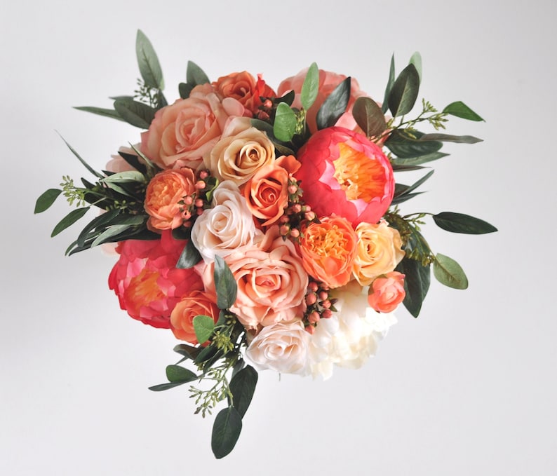 Coral Wedding Flowers Bridal Bouquet Silk Wedding Flowers Etsy