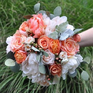 wedding bouquet wedding flowers bridal bouquet boho eucalyptus peony ranunculus rose silk flowers destination wedding coral wedding flowers