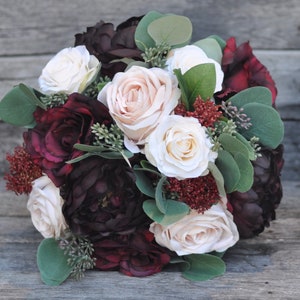 Burgundy wedding bouquet, wedding flowers, bridal bouquet, boho, eucalyptus, roses, artificial flowers, destination wedding, silk flowers