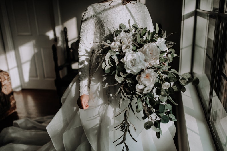 Wedding Flower Bouquet Bridal Bouquet Wedding Flowers Bridesmaid Bouquet,White Flowers Eucalyptus Cascade bridal bouquet White Bouquet