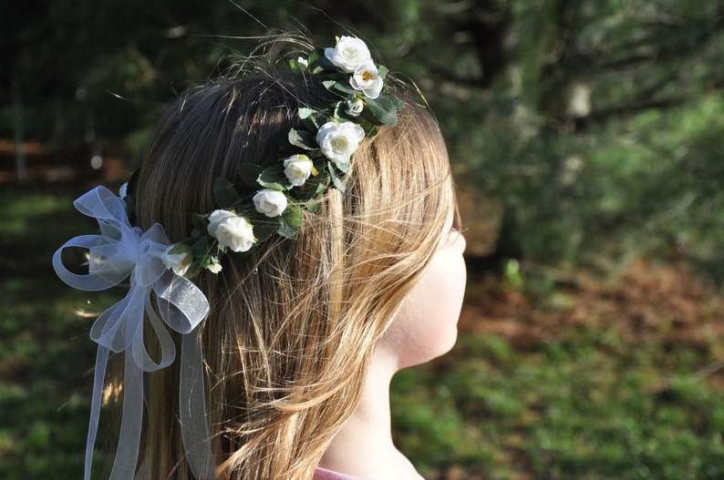 First communion headpiece, first communion flower crown, white flower crown for girls, flower girl crown, holy communion headband, halo image 1