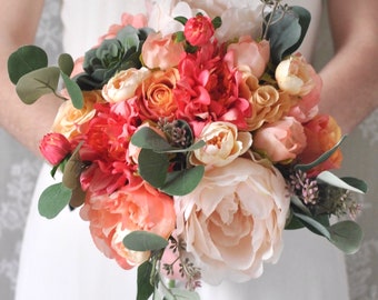 Coral Bouquet, Wedding Flowers, Wedding Bouquet, Peony Bouquet, Orange Wedding, Bridal Bouquet, Succulent Bouquet, Bride Bouquet, Tropical