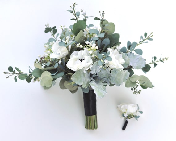 高級造花 シルキーフラワーブーケ シルバー＆ホワイト 造花
