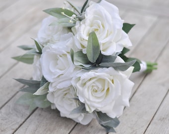 Bouquet de mariée blanc, Fleurs de mariage, Bouquet blanc, Bouquet de mariée ivoire, Bouquet de mariage, Bouquet de soie, Bouquet de rose, Bouquet de mariée