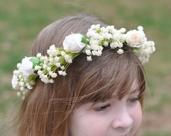 First communion headpiece, first communion flower crown, white flower crown for girls, flower girl crown, holy communion headband, halo