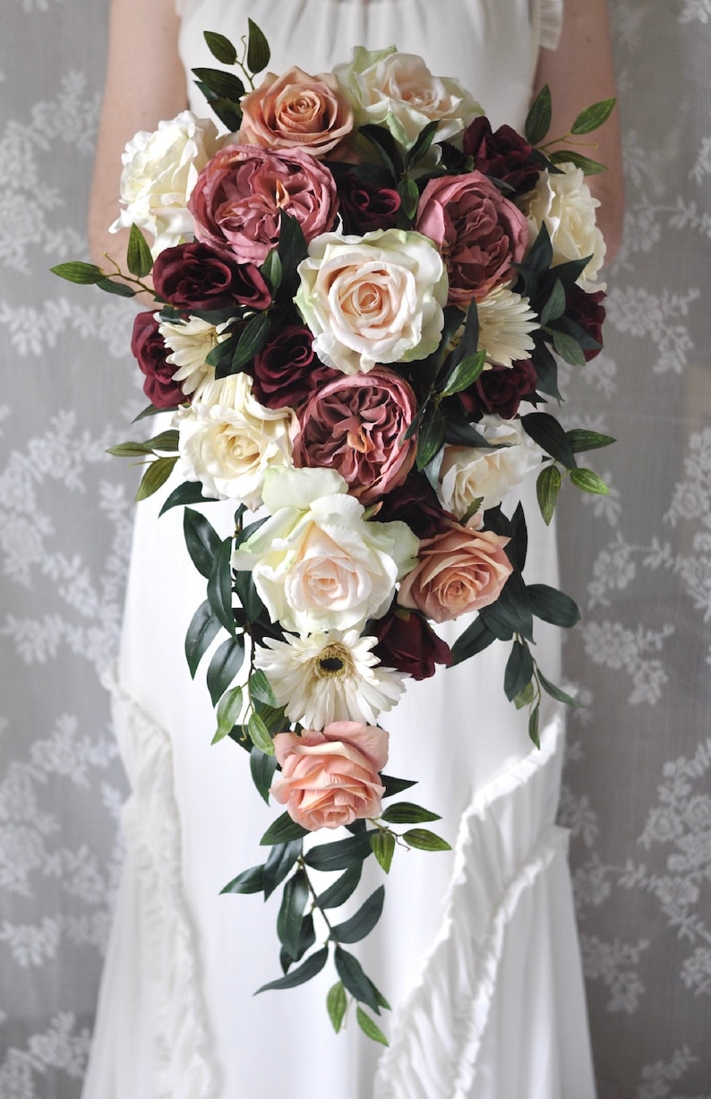 Cascade bridal bouquet, Wine, Dusty Rose, Rose Quartz, Flower Bouquet, Wedding Flowers, Bridal Bouquet, Cascading Bouquet, Bride Bouquet image 2