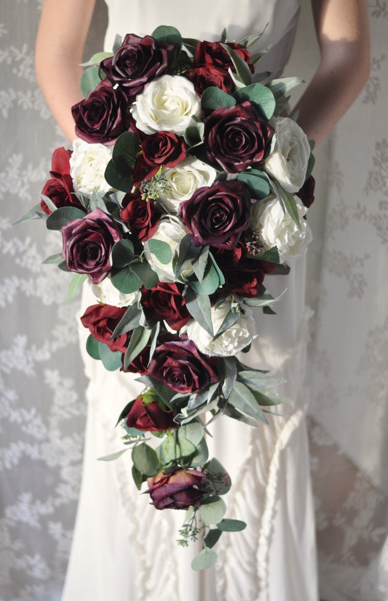 Burgundy Roses Brial Bouquet Purple Roses Silk Flowers Wedding Bouquet Cascade Bouquet Silk Flower Wedding Bouquet Bridal Flowers