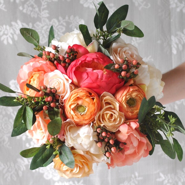 wedding bouquet wedding flowers bridal bouquet boho eucalyptus peony ranunculus rose silk flowers destination wedding coral wedding flowers