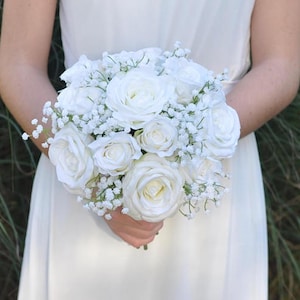 Wedding Flowers, Wedding Bouquet, Keepsake, Bridal Bouquet, Wedding Flowers, Ivory, White Roses with Babies Breath Bouquet.