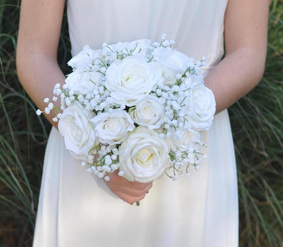 White rose bridal bouquet with crystal pins