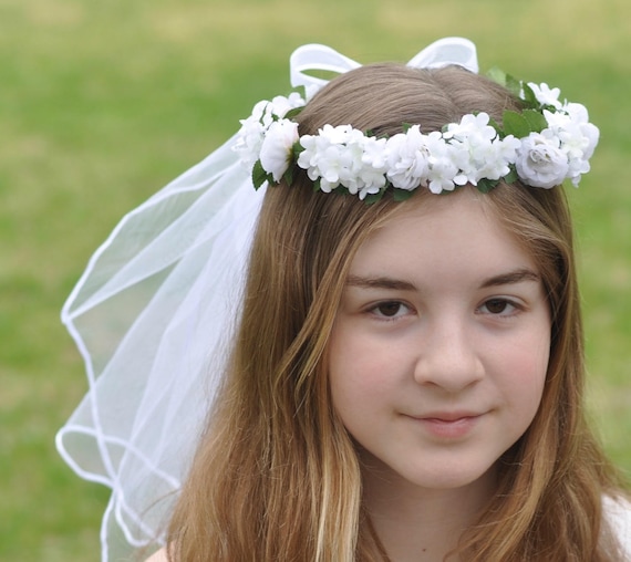 Girls Veil Pearl Holy First Communion White Floral Wreath Veil Headpiece Crown 
