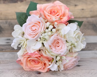 Silk Wedding Bouquet, Wedding Bouquet, Keepsake Bouquet,  Bouquet Peach Rose , White Hydrangea and Babies Breath wedding bouquet.