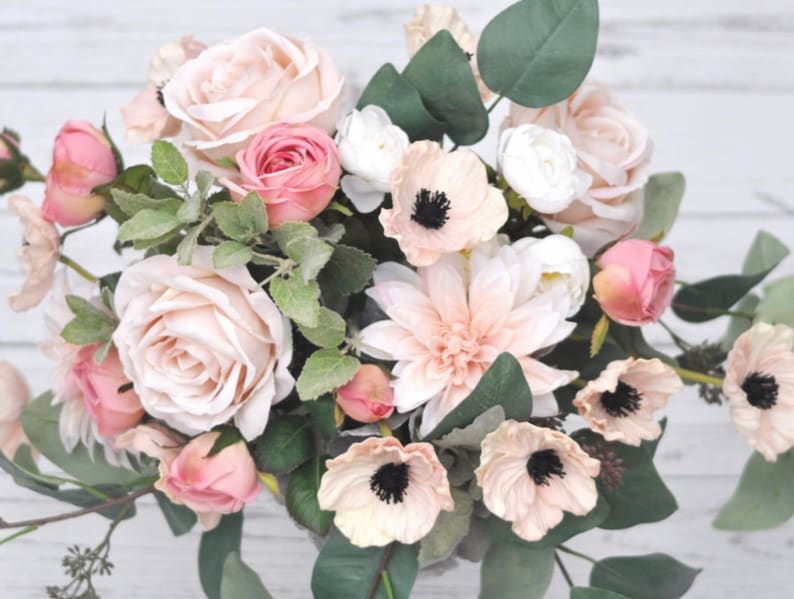 Boho Bouquet Blush Pink Bridal Silk and Real Touch Wedding Flowers Eucalyptus Peony Rose Poppy Dahlia Anemone Wedding Bouquet